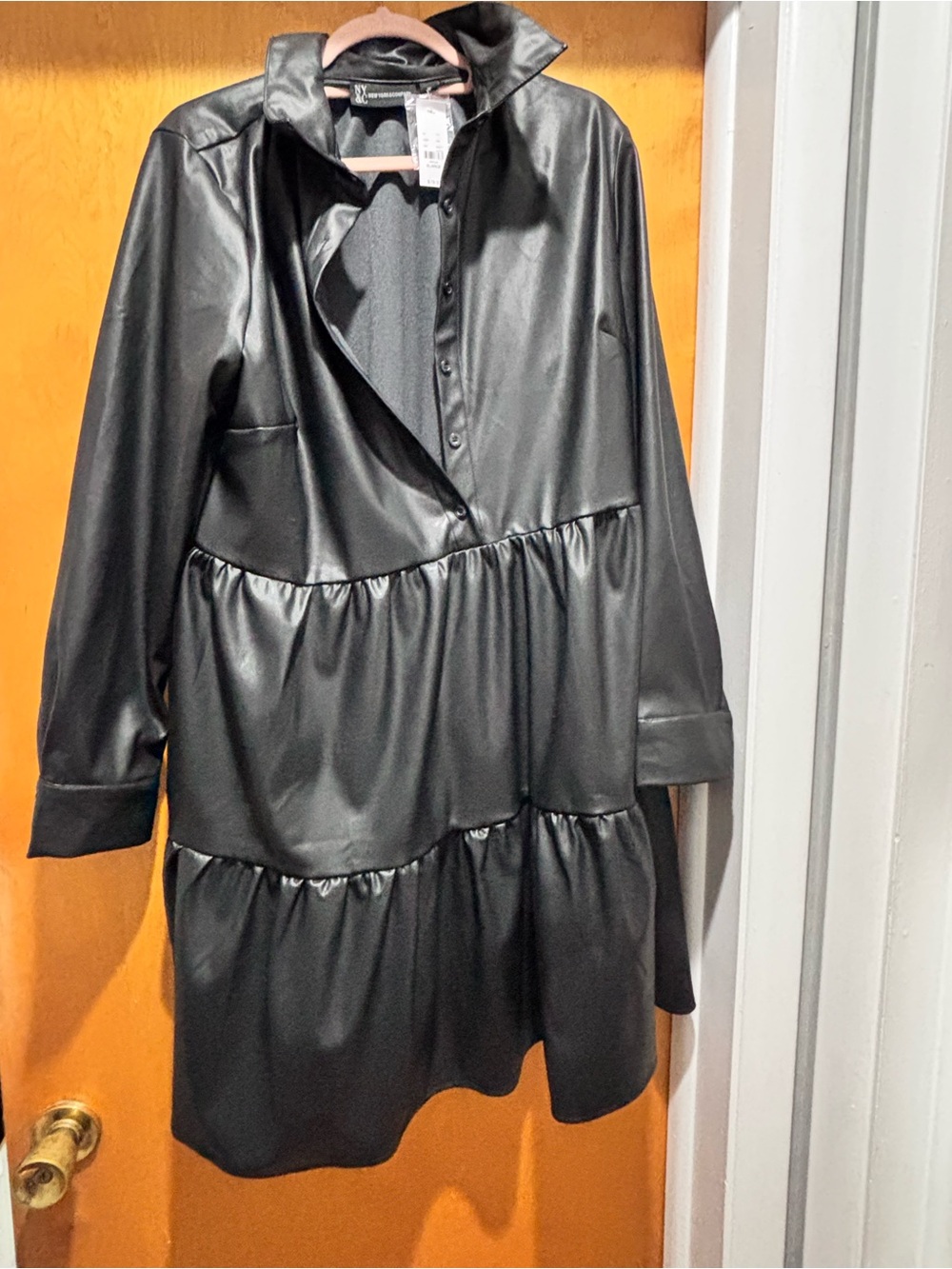 New York & Company Black Faux Leather Tiered Midi Dress